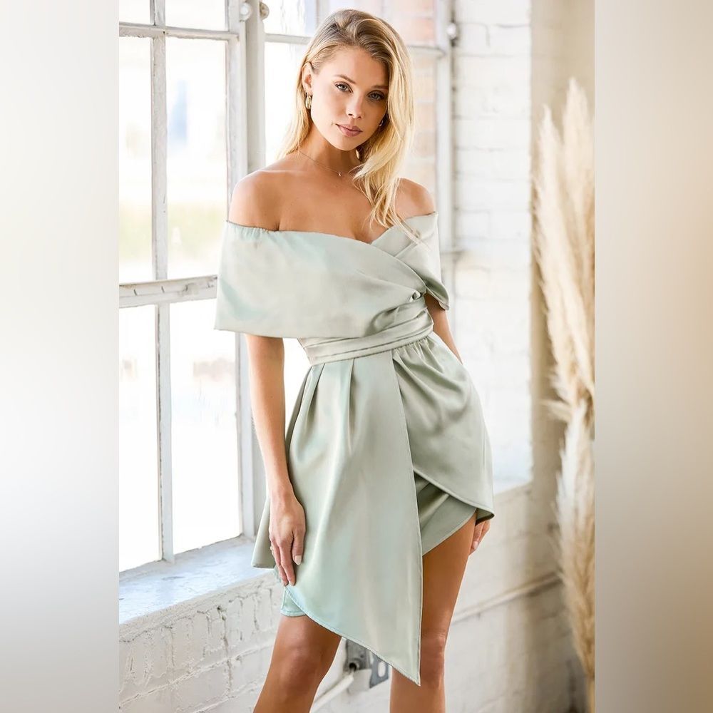 Lulus Always Celebrating Sage Green Satin Off-the-Shoulder Mini Dress